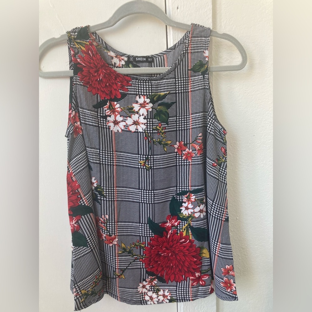 SHEIN Plaid Top With Red, Pink & Green Floral Print